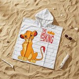White pinstriped Lion King Simba hooded poncho towel flat lay on sand
