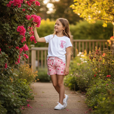 Girl in a white Pretty cat print tee and pink polka dot shorts