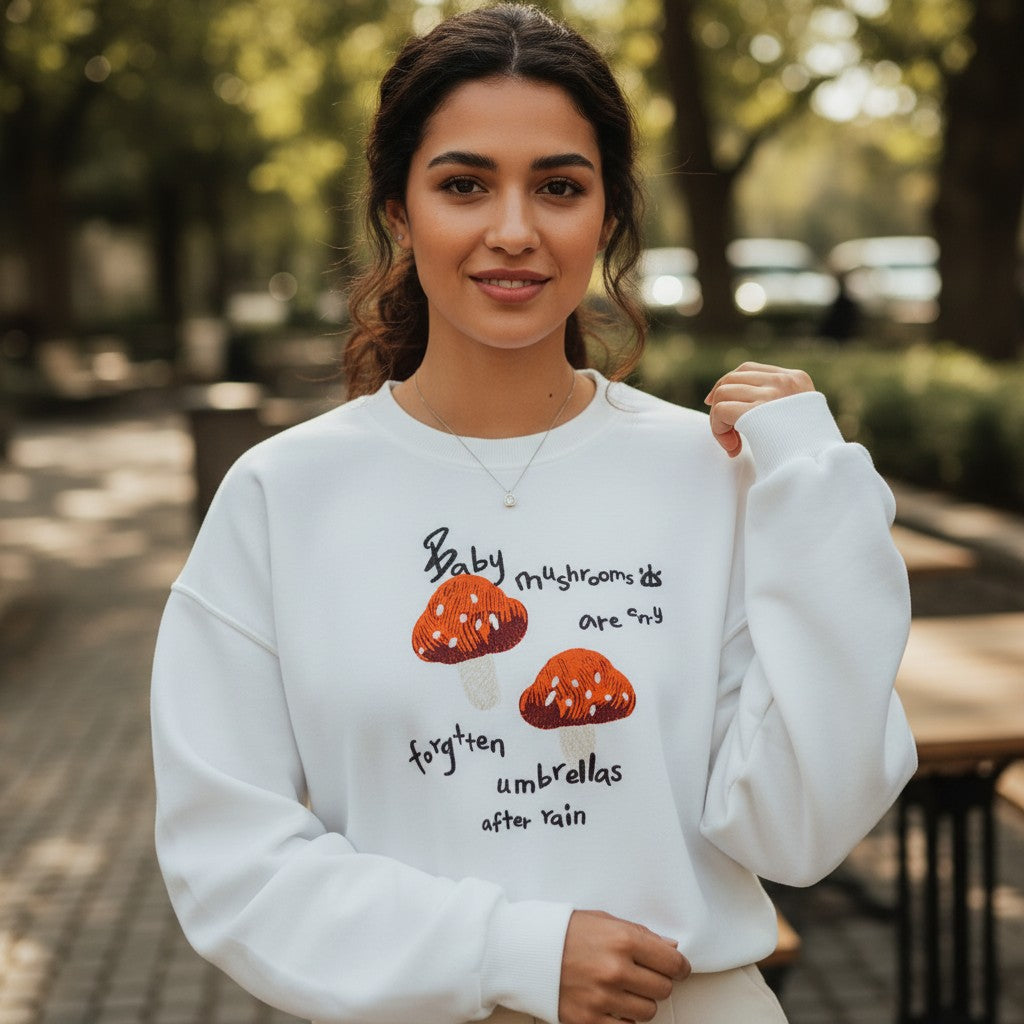 White mushroom sweatshirt shown with the relaxed drop shoulder sleeve raised