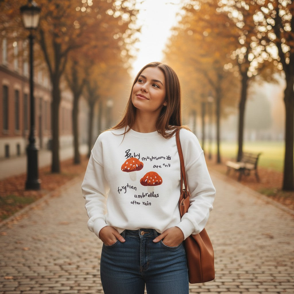 Woman wearing a white sweatshirt with orange embroidered mushrooms and black script lettering