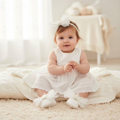 Baby in a white dress wearing an ivory tulle bow headband with pearls and white satin booties with bows