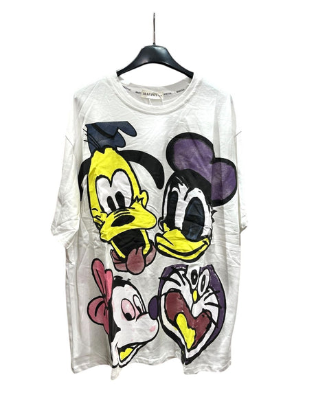 An oversized white tshirt with a colorful print of cartoon characters