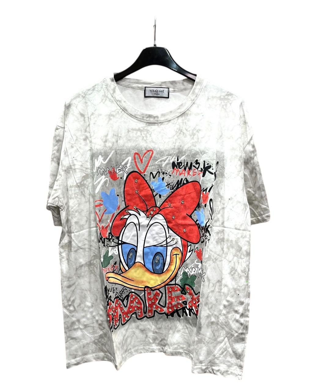 Oversized white tshirt with a colorful front print of Daisy Duck character, displayed on a hanger