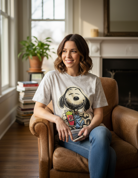 Woman wearing a tshirt with a dog graphic sitting on a brown armchair  in a home setting.