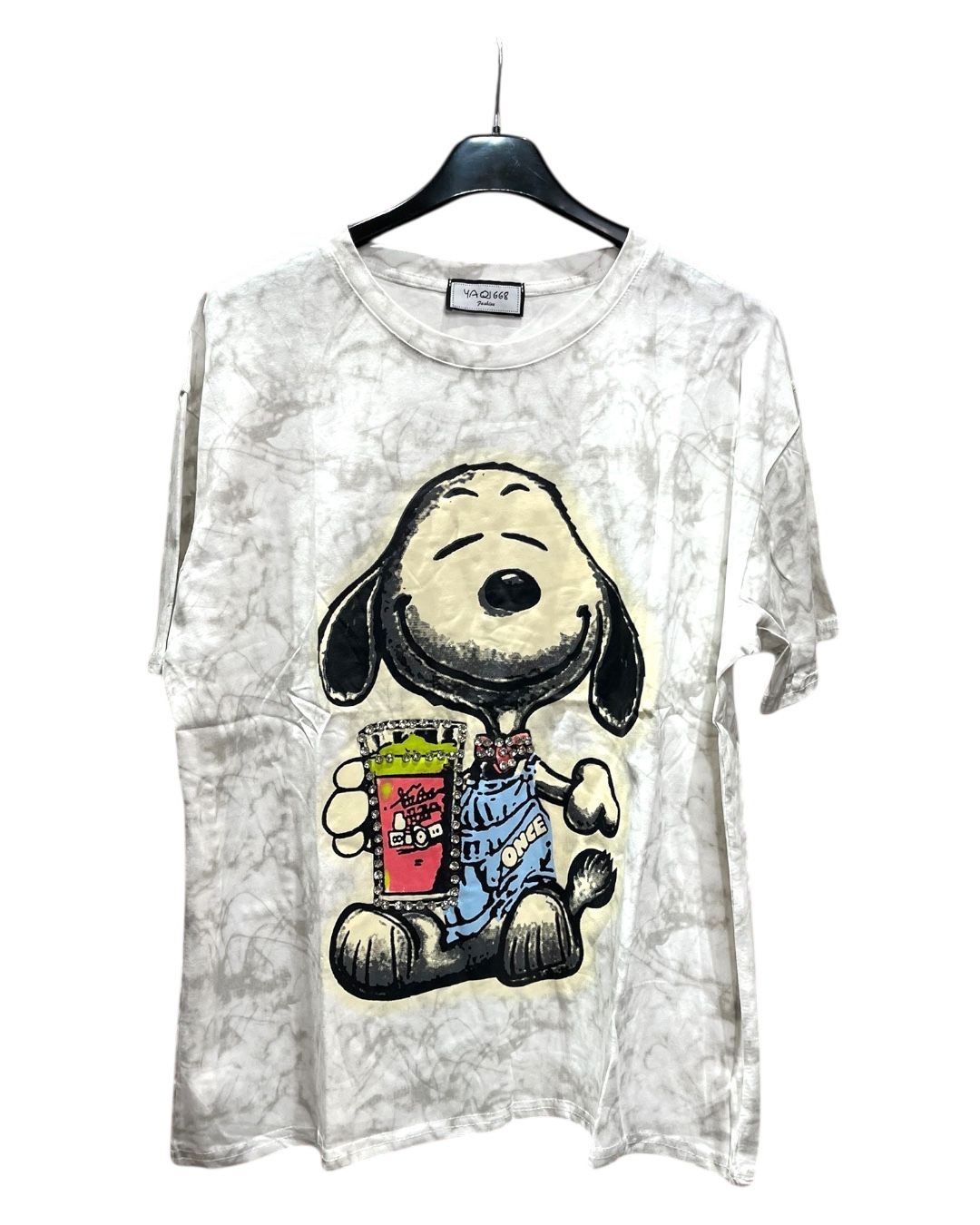 Oversized fit tshirt with a graphic of a dog character holding a cone