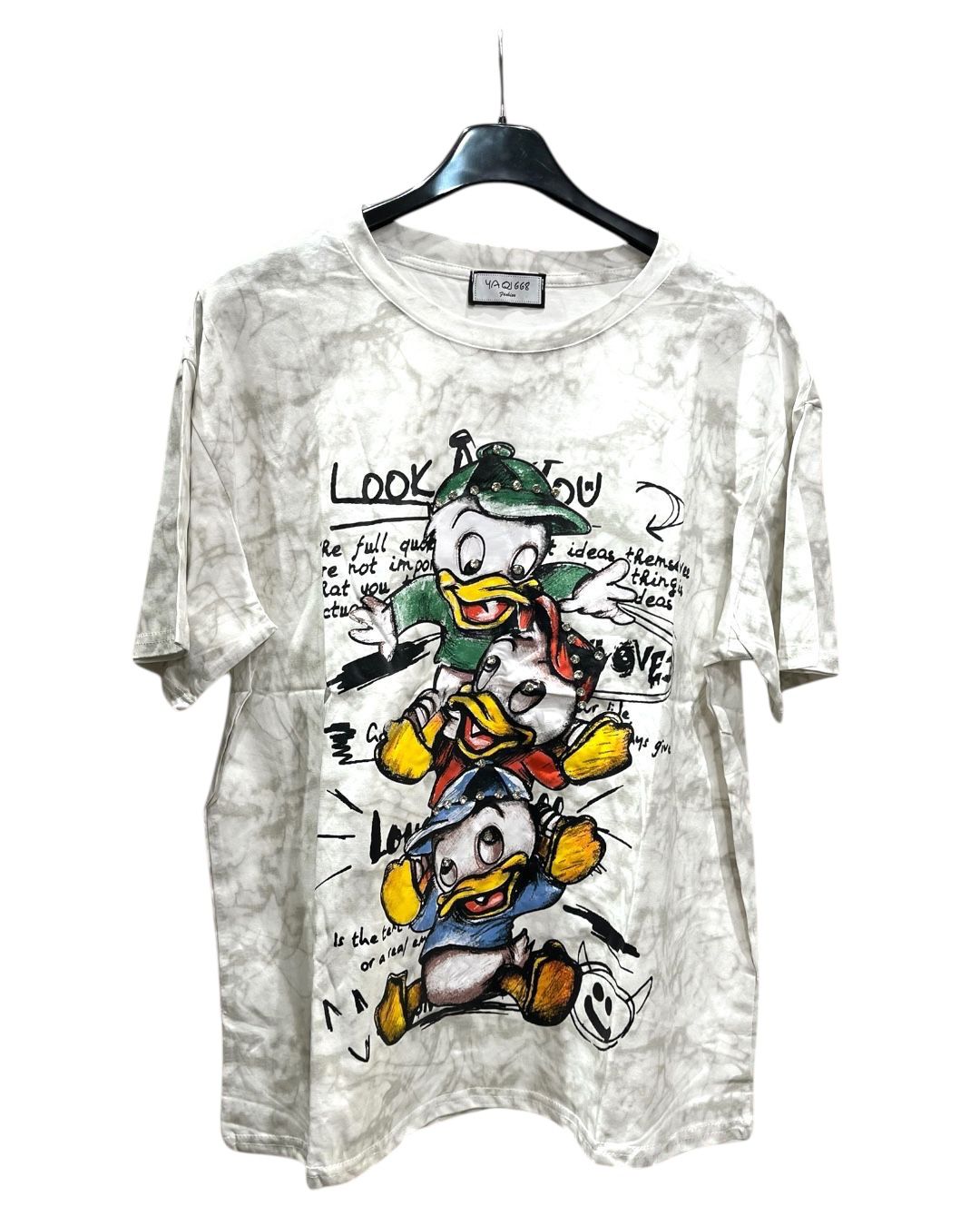 Tshirt with cartoon duck character graphics on a hanger