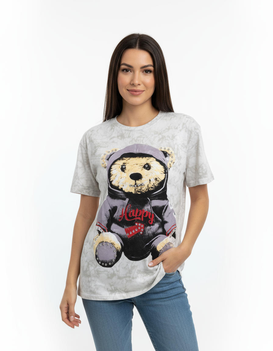 Woman wearing a tshirt with a bear graphic and 'Happy' text on a white background