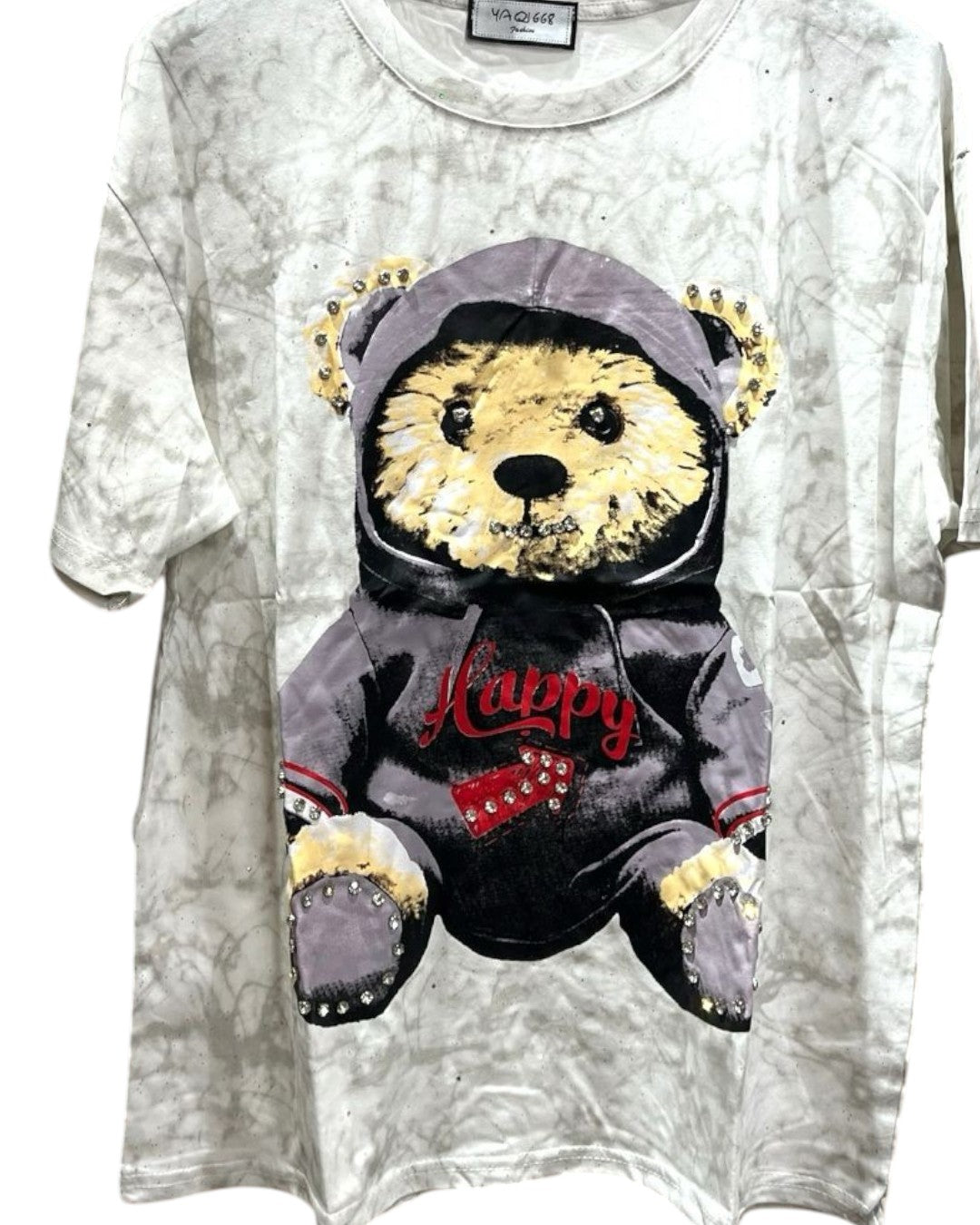 Oversized white tshirt with a graphic of a hooded teddy bear wearing a gray sweatshirt with the word 'Happy' on it