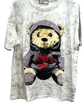 Oversized white tshirt with a graphic of a hooded teddy bear wearing a gray sweatshirt with the word 'Happy' on it