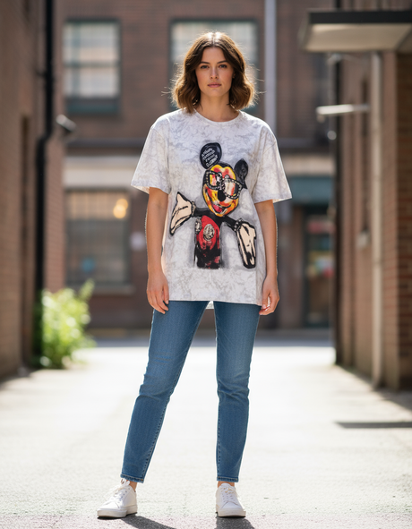 Woman wearing a white graphic tshirt of Mickey Mouse and blue jeans standing on a street