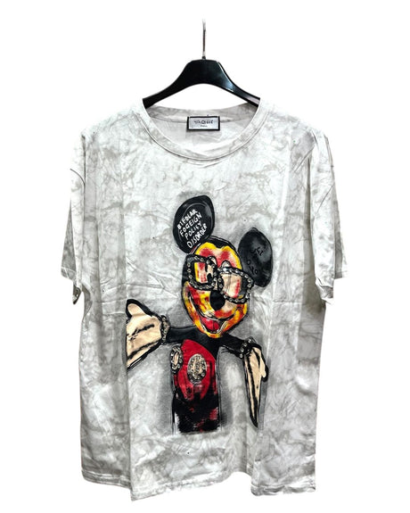 Oversized white tshirt with a colorful graphic of Mickey Mouse wearing glasses on the front