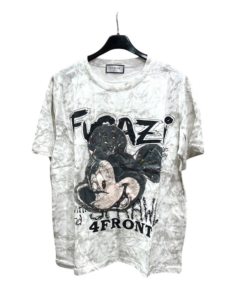 Oversized white tshirt with a graphic of Mickey Mouse and text on a hanger