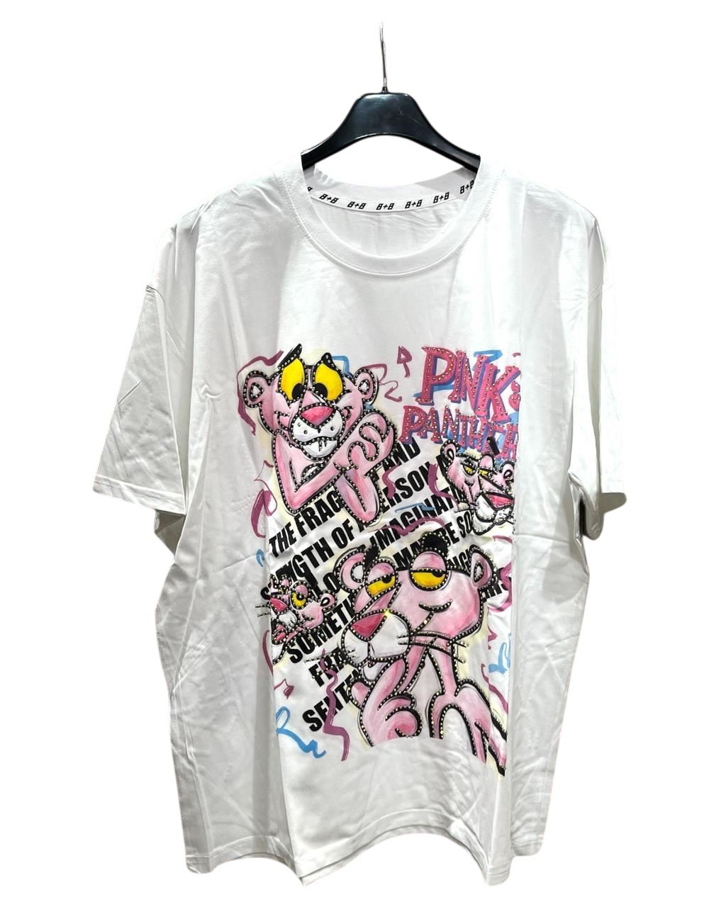 White oversized tshirt with a graphic print of the Pink Panther character