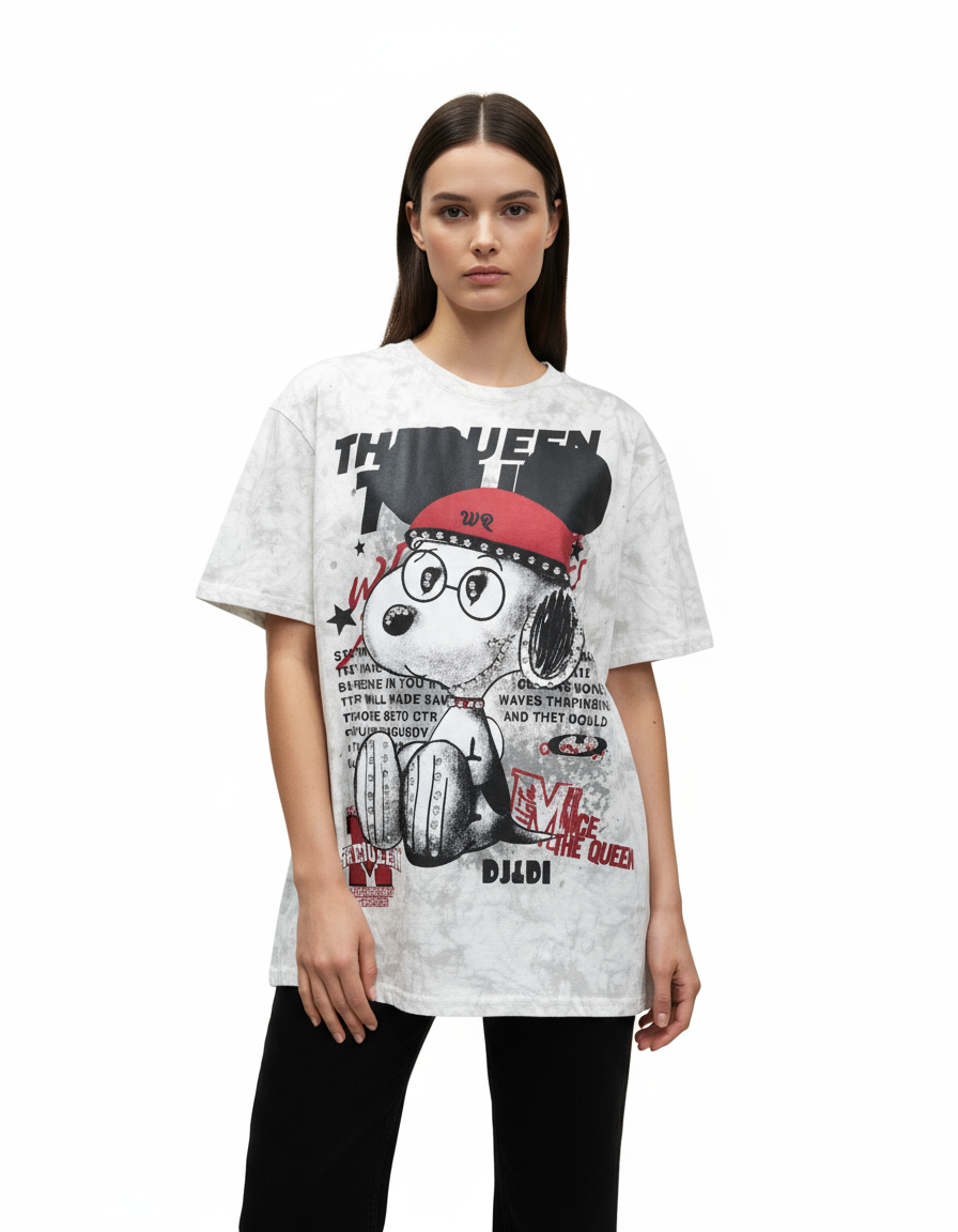 Model wearing a white tshirt with graphic design on a white background