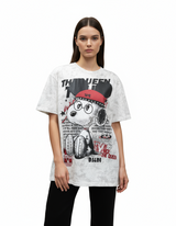 Model wearing a white tshirt with graphic design on a white background