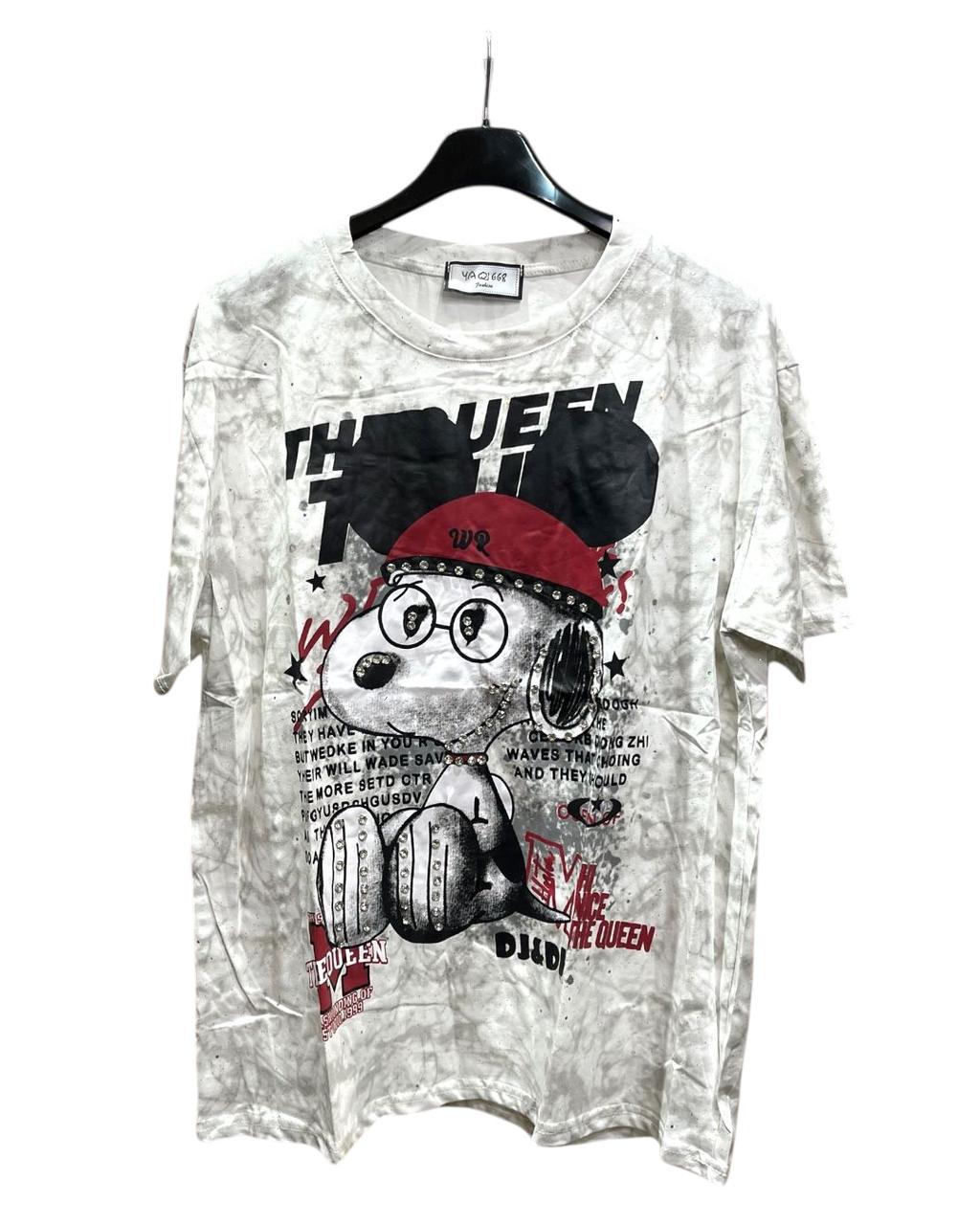 White graphic snoopy tshirt with cartoon character and text on a white background