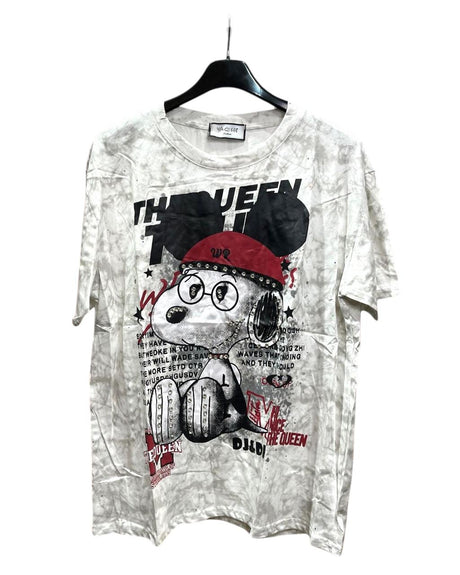 White graphic snoopy tshirt with cartoon character and text on a white background