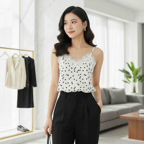 Woman wearing a white polka dot top and black pants in a modern living room