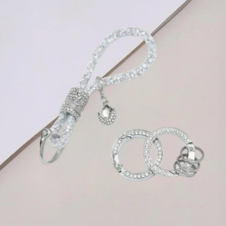 Clear crystal rhinestone rope keychain with sparkling teardrop charm and rings