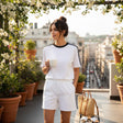 White loungewear set with black striped tee and drawstring shorts, Jack Gifts Online Lebanon