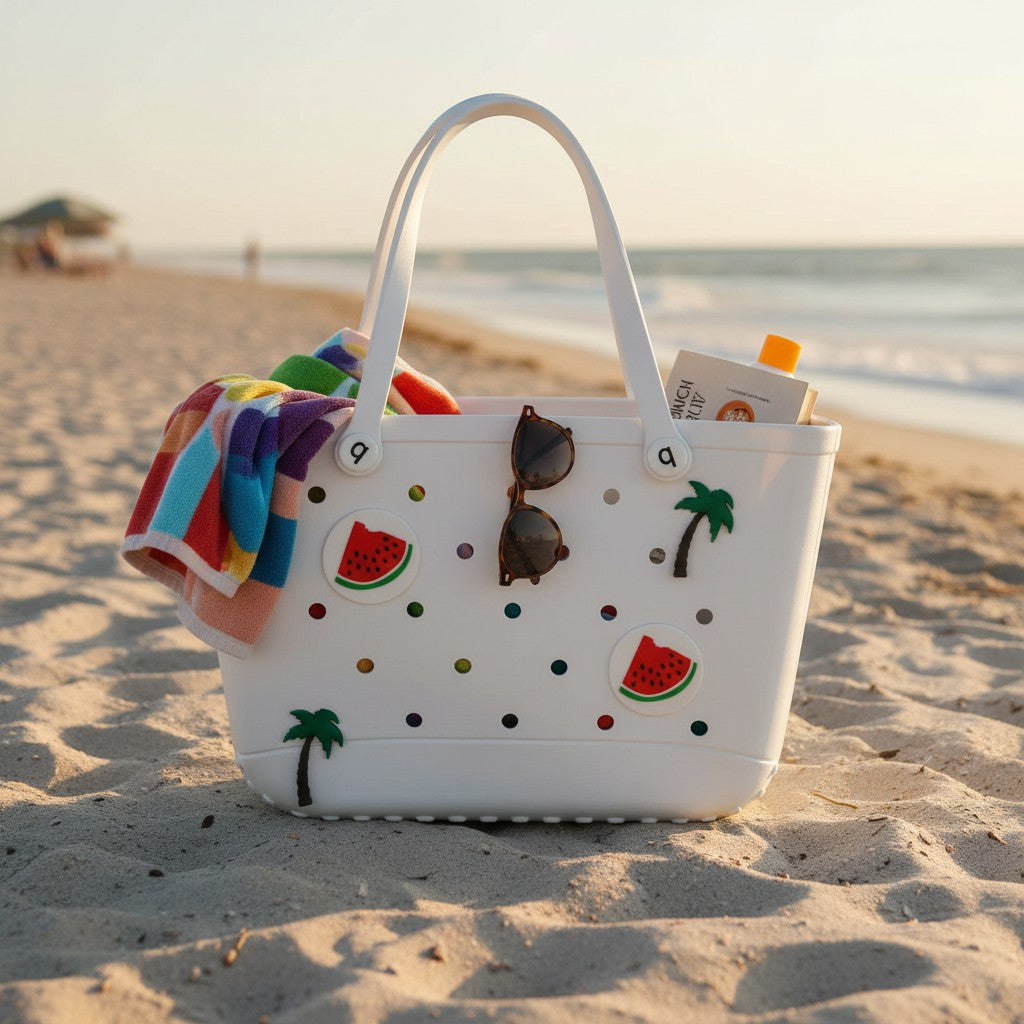 White beach bag with decorative elements on a sandy beach