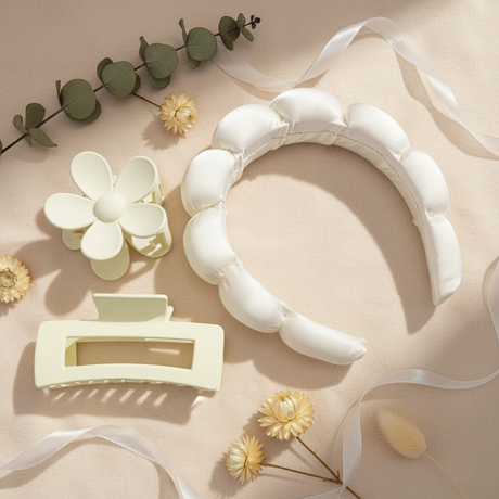 White spa headband with daisy and rectangular claw clips