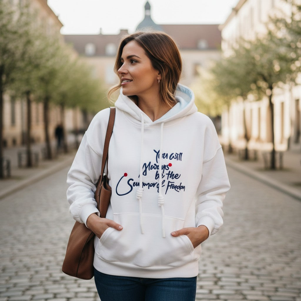 White slogan hoodie styled with jeans and a tote bag on a cobbled square
