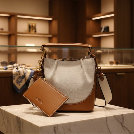 Designer handbag with matching wallet on a marble surface in a store setting