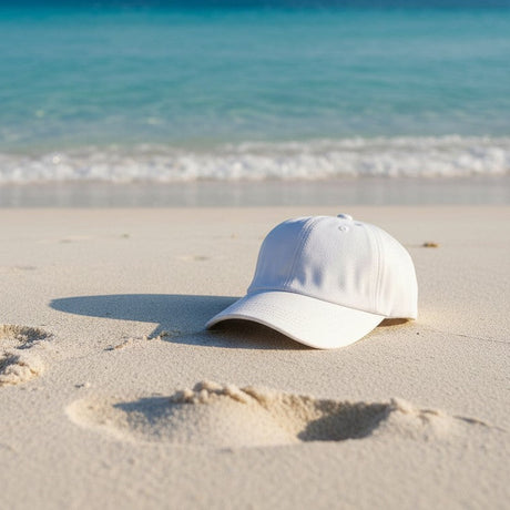 White cotton summer cap on pale sand beside clear turquoise water