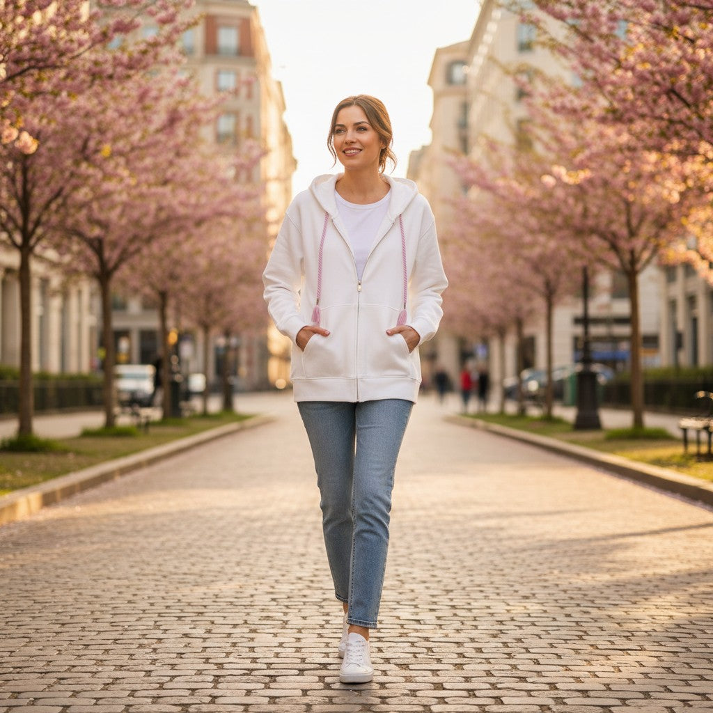 White zip hoodie worn zipped with hands in the pockets on a blossom lined street