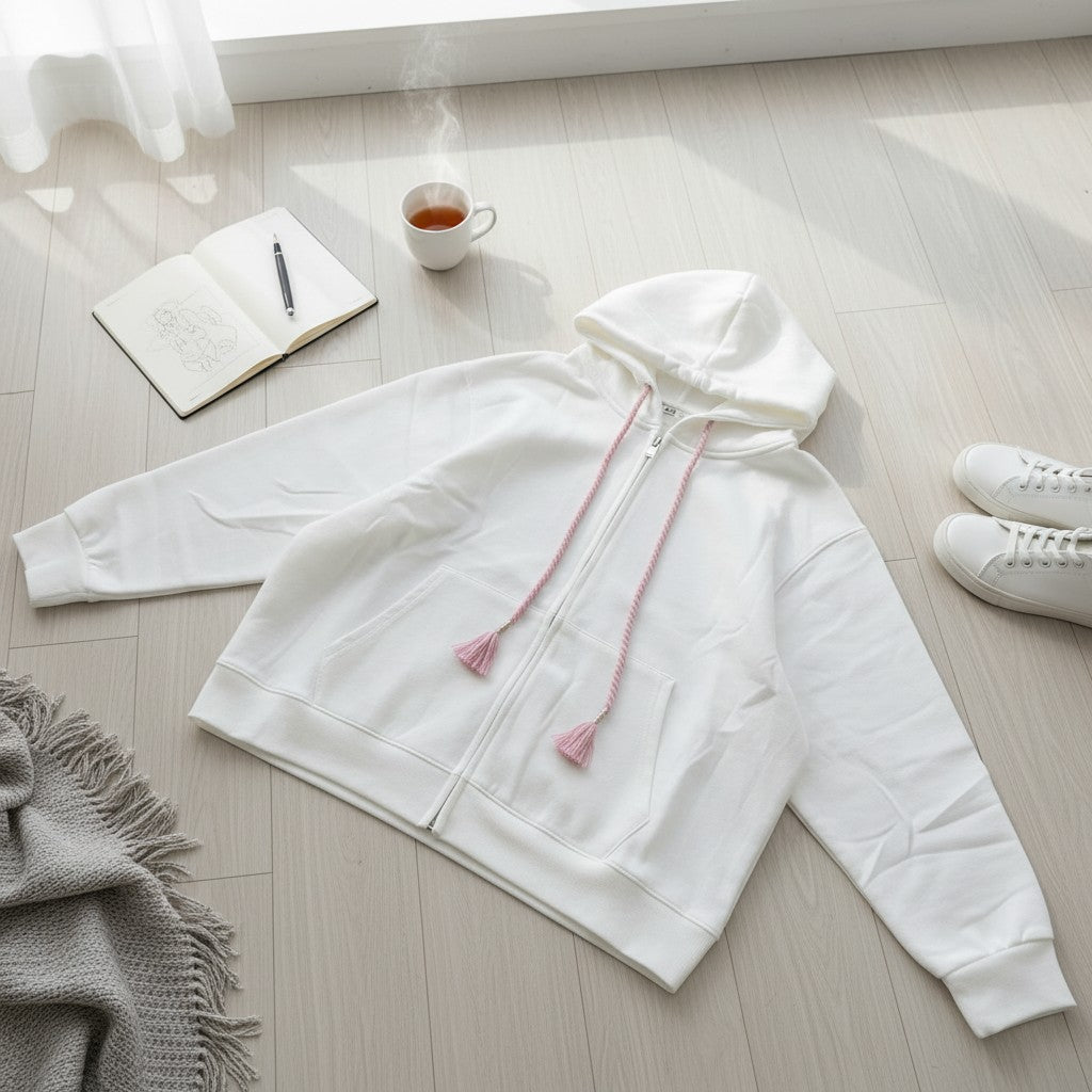 White zip hoodie laid flat on a pale wood floor with pink tassel drawstrings