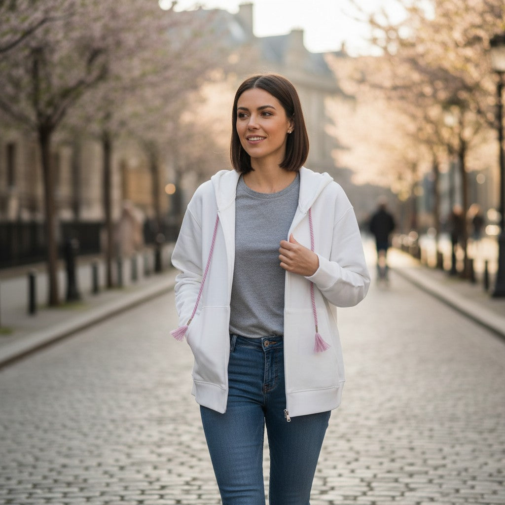 White zip hoodie worn open over a grey tee on a city street