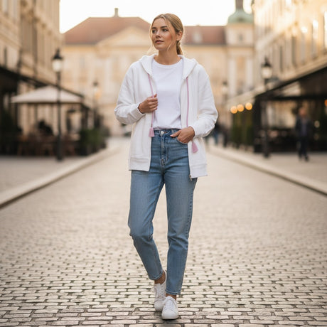 Woman in white zip hoodie with pink tassel drawstrings on a cobbled street, Jack Gifts Online Lebanon