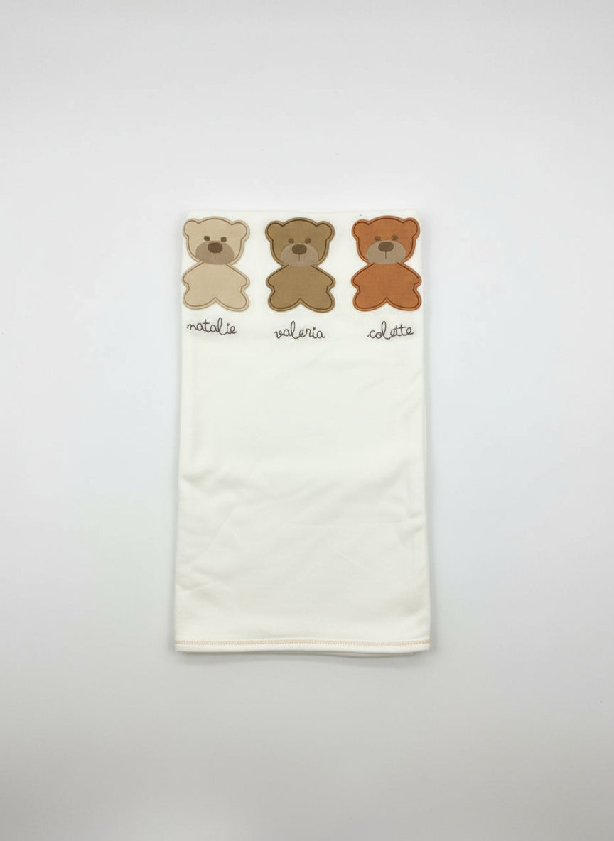 Ivory cotton knit baby blanket, three applique bears in beige, brown and rust above stitched names
