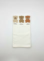Ivory cotton knit baby blanket, three applique bears in beige, brown and rust above stitched names