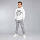 White hooded sweatshirt and grey jogger set shown flat on a grey background