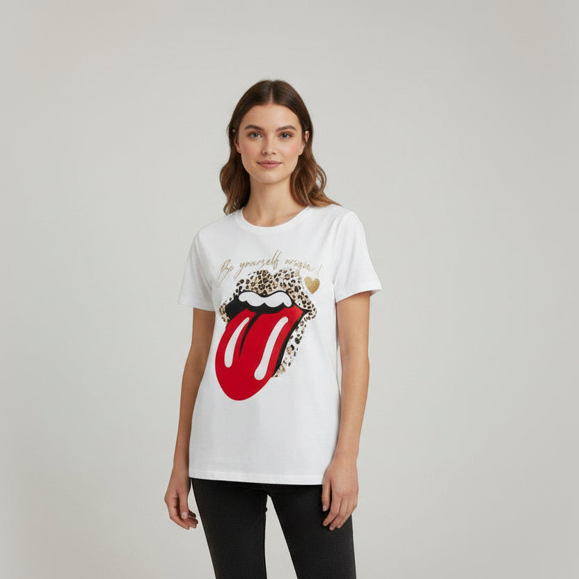Woman wearing a white tshirt with big red tongue on a light gray background