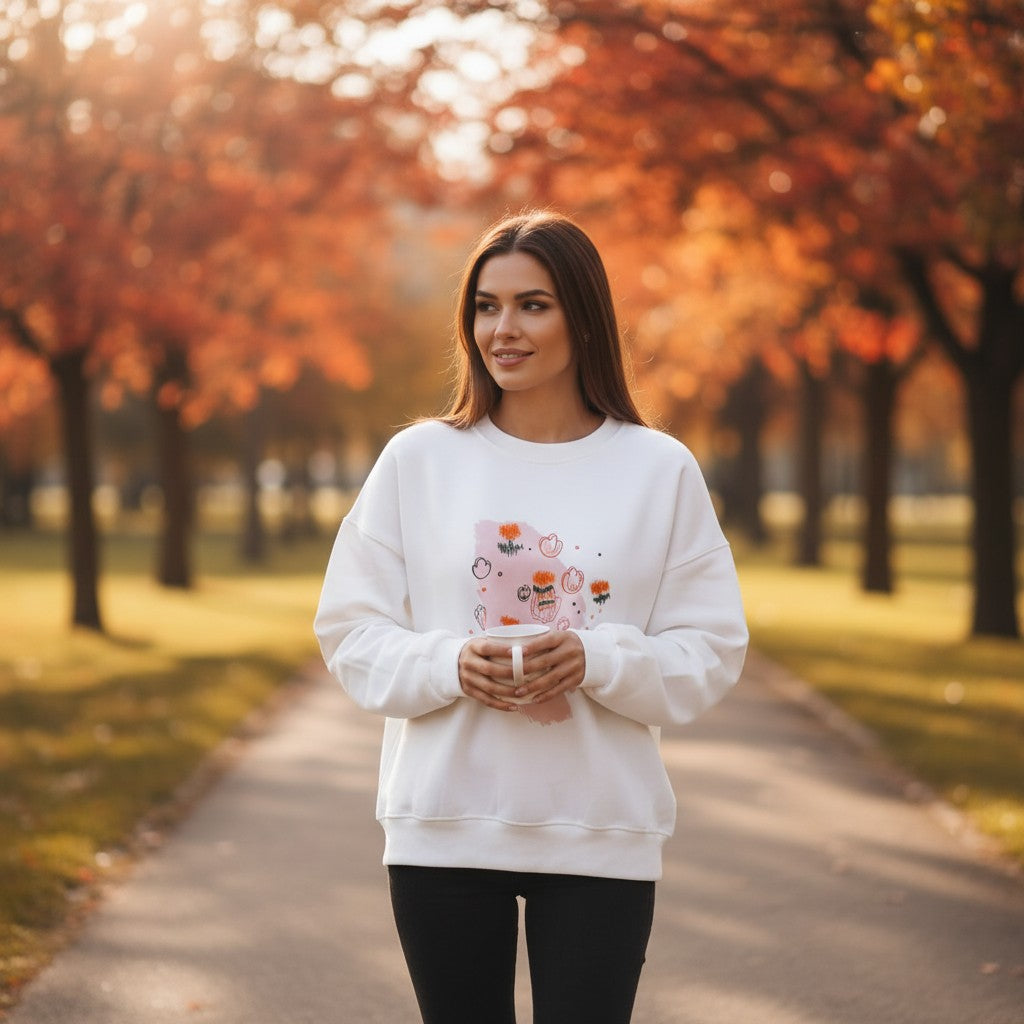 White tulip print sweatshirt worn standing in a park with autumn leaves