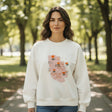 Woman in white sweatshirt with a hand drawn tulip print panel, Jack Gifts Online Lebanon