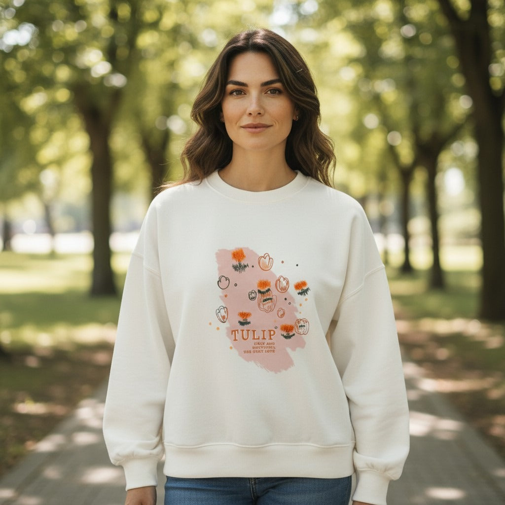 Woman in white sweatshirt with a hand drawn tulip print panel, Jack Gifts Online Lebanon