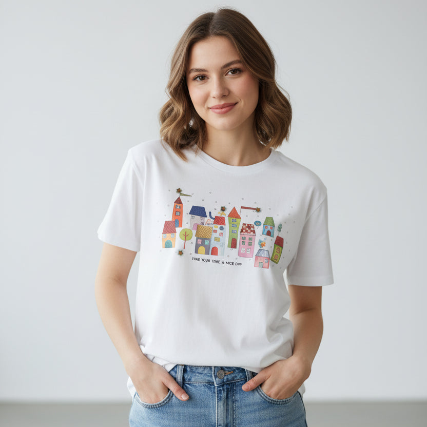 White tshirt with colorful village design on a white background
