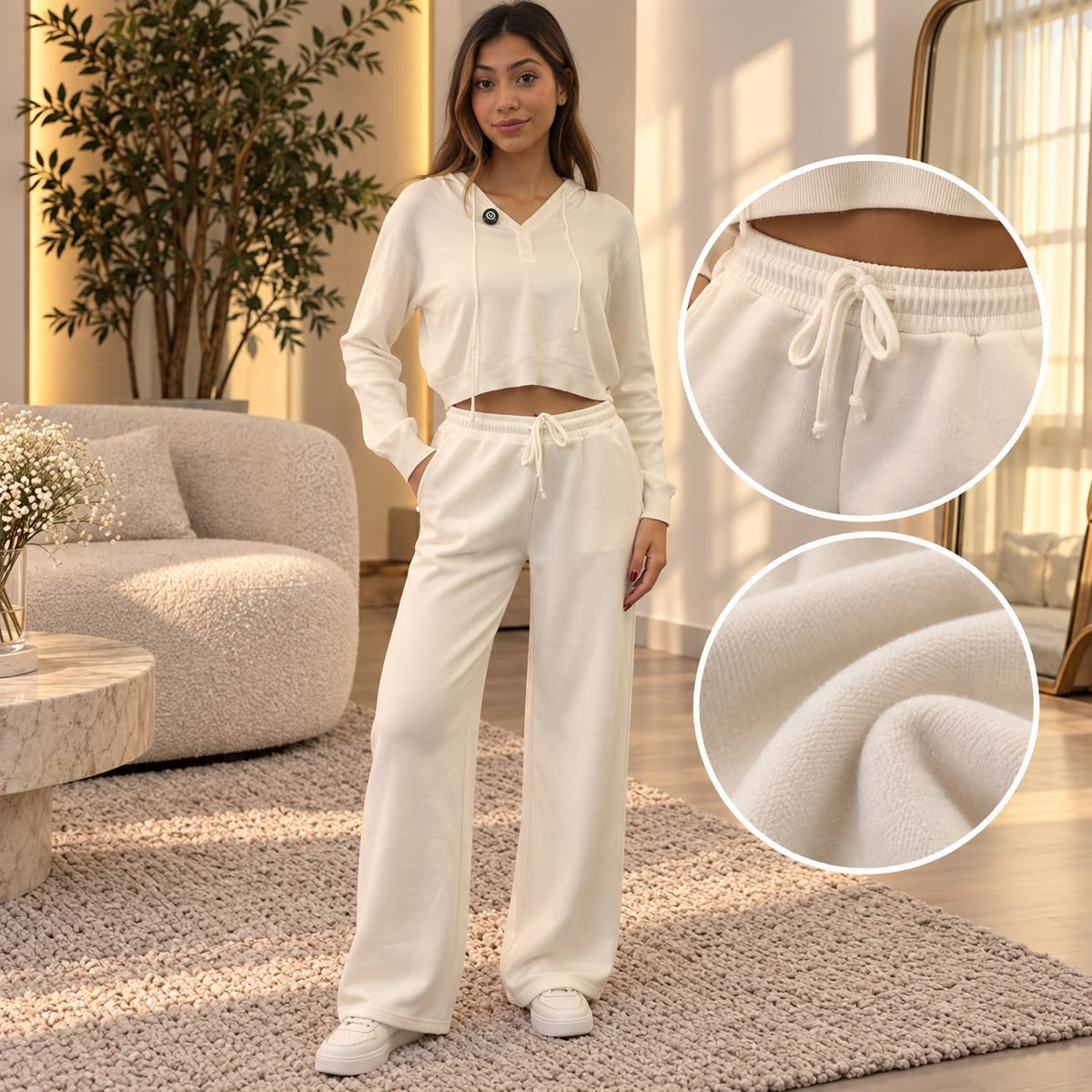 White wide leg sweatpants with close ups of the tie drawstring waist and soft brushed fabric