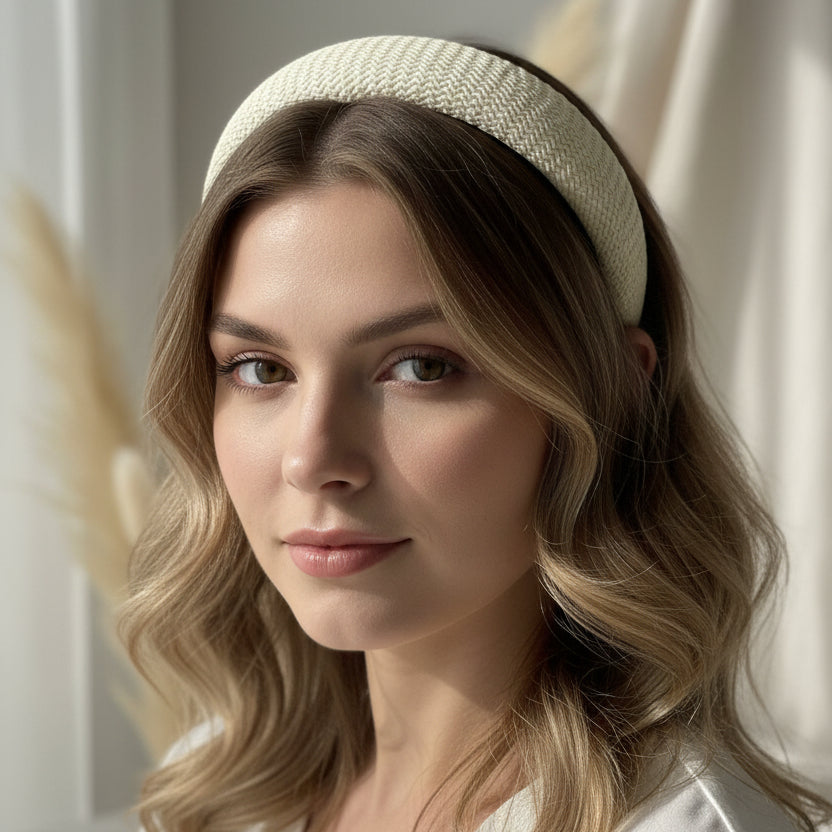 Woman wearing a white woven headband, textured fabric, Jack Gifts Online Lebanon