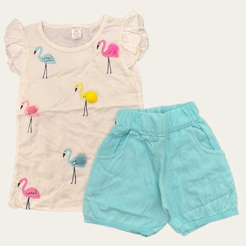 White-Blue Flamingo Shorts Set