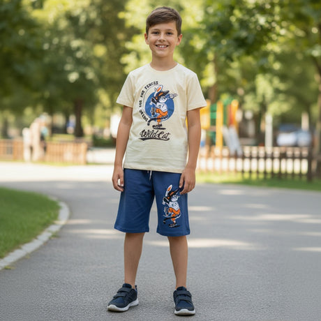 Boys cream tee with a baseball rabbit print and navy blue shorts, two piece summer set
