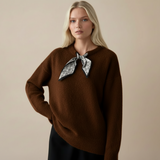 Brown relaxed fit jumper with a patterned neckerchief knotted at the front