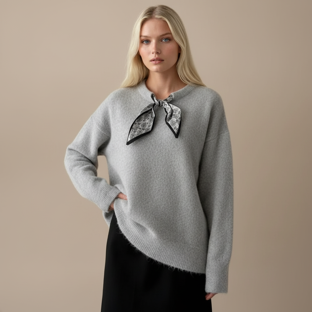 Light grey soft knit top with a monochrome print scarf tie