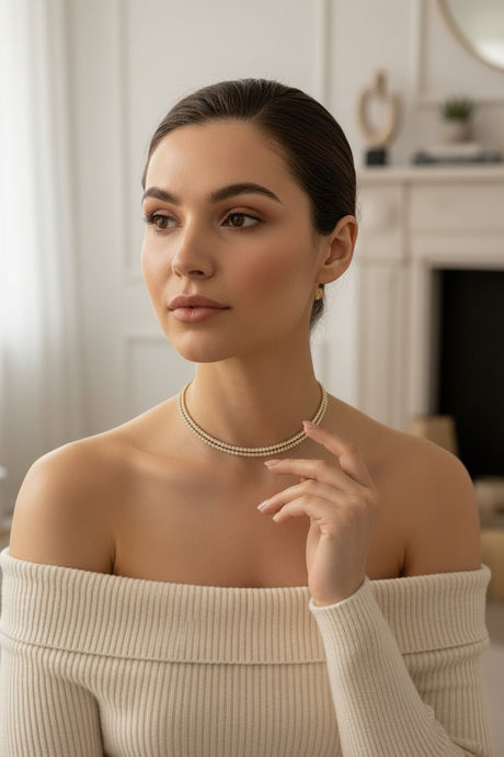Woman wearing a double necklace in an inddor setting