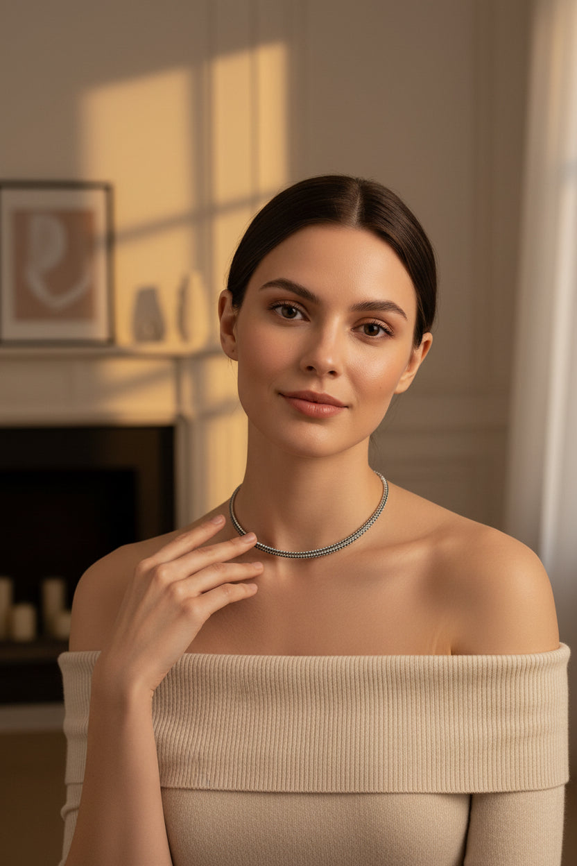 Woman wearing a double necklace in a softly lit room