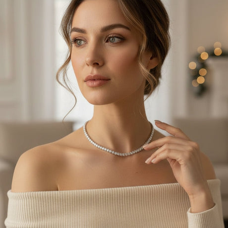 Woman wearing an elegant pearl necklace in a softly lit room